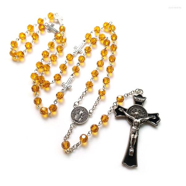 Anhänger Halsketten QIGO Emaille Vintage Kreuz Rosenkranz Halskette Champagner Kristall Perlen Strang Für Männer Frauen Religiöse Schmuck