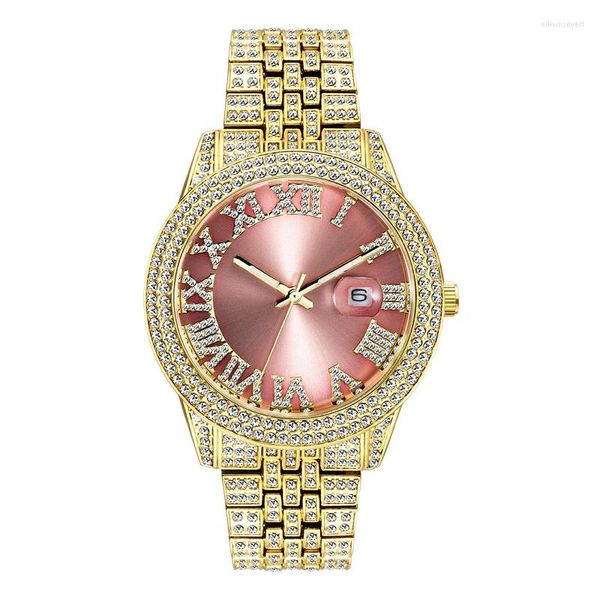 Armbanduhren Uhr für Männer Wasserdicht Mode römische rosa Platte voller Diamant leuchtende Herren Quarz-Armbanduhr Kalender