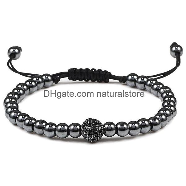 Breloques perlées à la main 5Mm Cz Ball Bracelets Hématite Pistolet Perles De Cuivre Noir Réglable Hommes Tissage Bracelet Bracelets Femmes Bijoux Dro Otkiw