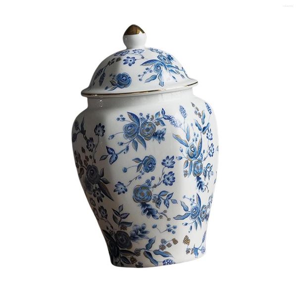 Garrafas de armazenamento jarra de vaso de flor pode arranjar o gorde de porcelana azul e branco elegante com chá de cerâmica de tampa