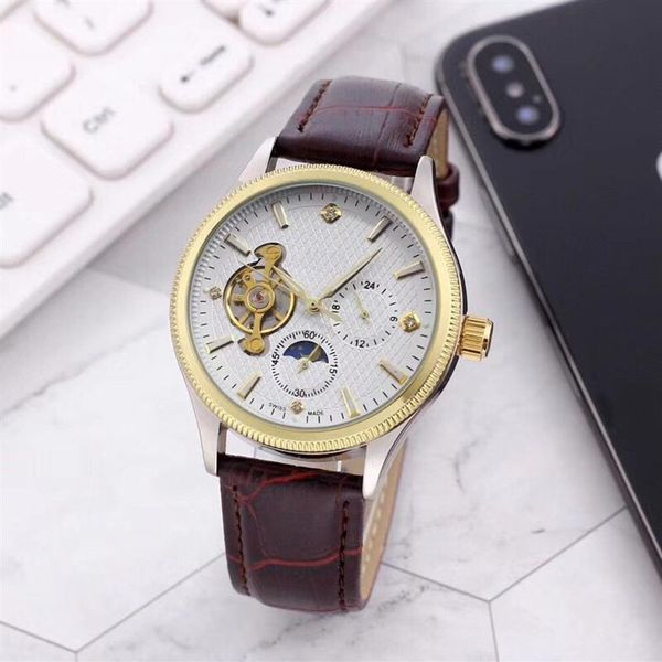 Top Brand Gold Mens Watches 40mm Dial Moon Fase à prova d'água Moda Man Wristwatches Mechanical Automatic Leather Strap para 213m
