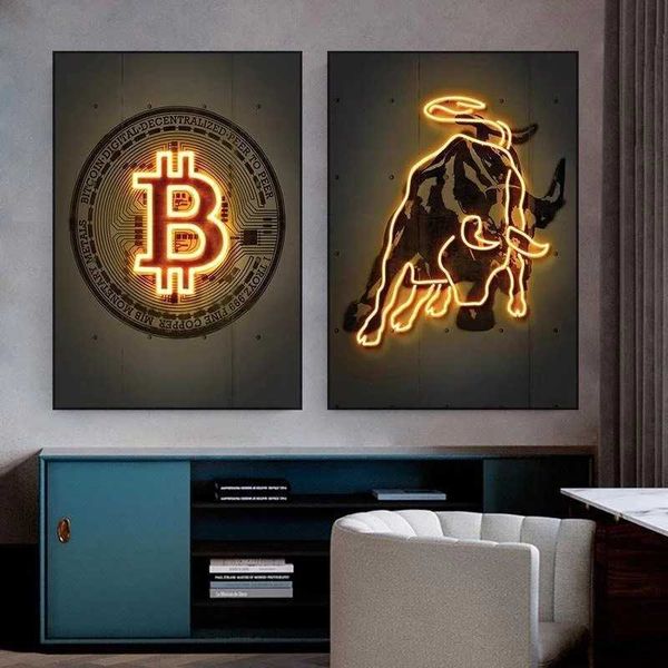 Duvar Kağıtları Neon Bitcoin Bull Kripto Altın Duvar Sanatı Tuval Boyama Sığır Posteri ve Baskı Resim Ev Dekorasyonu Oturma Odası Dekor için J230516