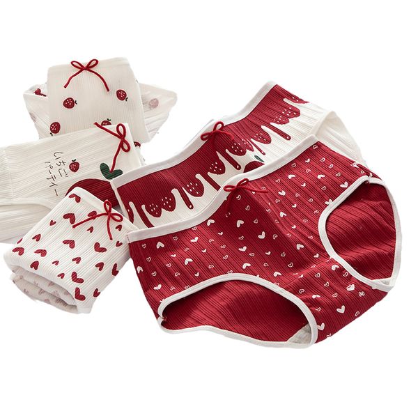 Damenhöschen, 5 Stück, M-2XL, rote Unterwäsche, Damen- und Mädchen-Slips, weiche, atmungsaktive Höschen, Baumwollunterhosen, sexy Dessous, Love Strawberry Print Panty 230516