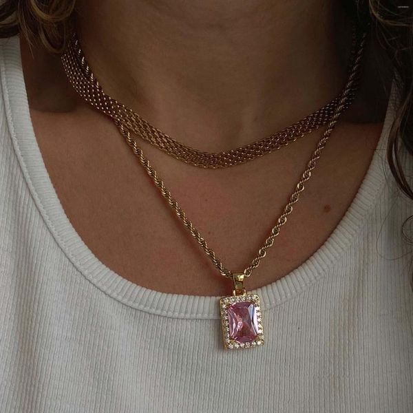 Ketten Mode Quadrat Anhänger Halskette Für Frauen Liebhaber Rosa Farbe Schlüsselbein Tennis Kette Choker Weibliche Nette Zirkon Charme Schmuck Geschenke