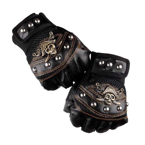 Luvas esportivas Punk Skulls Rivet PU Luvas de couro homens Mulheres Moda Hip Hop Anti-deslizamento Luvas de finger Summer Cycling Acessórios de motocicletas P230516