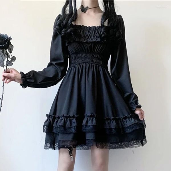 Повседневные платья Lolita Style Women Princess Black Mini Dress Slash Neck Высокая талия винтаж готический рукав