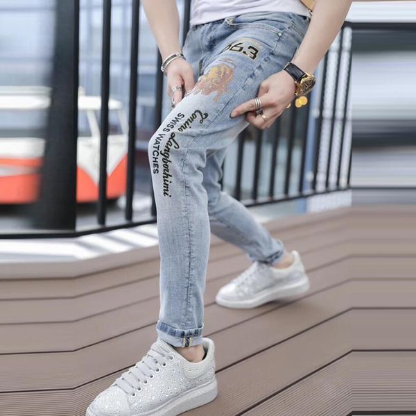 0000 Herrenjeans European Station Herbst/Winter Modemarke Hot Diamond bestickte Jeans Herren Slim Fit Light Small Foot Pants