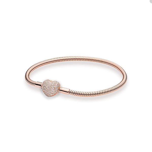 Bracciale di lusso con ciondolo a forma di cuore con pavé di rose per Pandora Bracciali con catena a forma di serpente in argento sterling 925 Gioielli di design per le donne Bracciale da sposa con scatola originale