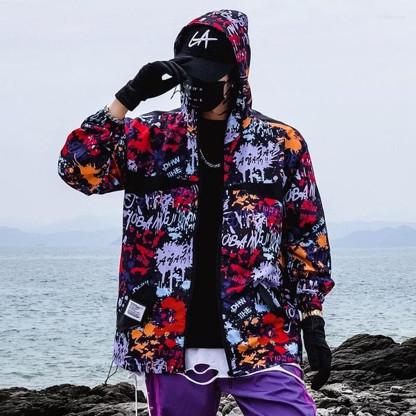 Giacche da uomo Giacca con stampa Graffiti Uomo Giacche a vento Hip Hop Felpa con cappuccio Slim Fit Uomo Primavera Autunno Estate Streetwear Cappotto sottile