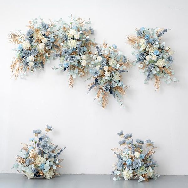 Fiori decorativi Foglia d'oro Haze Blue Wedding Floor Disposizione floreale Arch Hang Flower Row Event Stage Welcome Area Decor Puntelli Table Ball