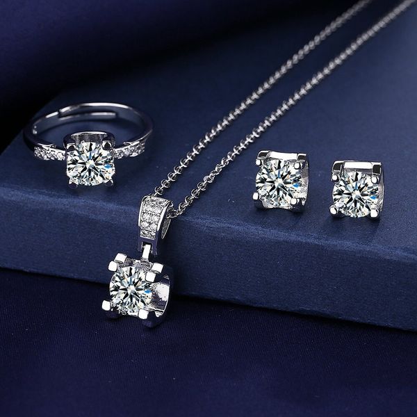 Conjuntos de jóias de casamento Conjunto de jóias de diamante da cabeça de boi 925 Sterling Silver Party Wedding Rings Brincos Colar para mulheres Conjuntos de noivas 230516