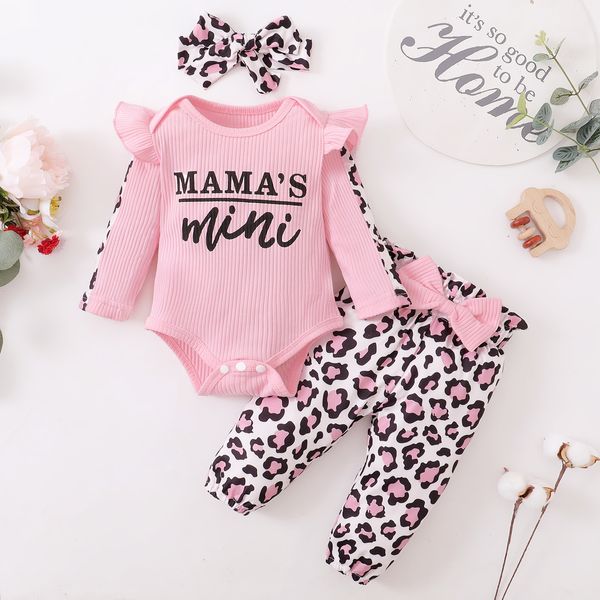 Rompers 3pcs doğumlu kıyafetler bebek kız giysileri setler bebek kıyafeti fırfırlar romper üst yay leopar pantolon doğumlu bebek kıyafetleri 230516