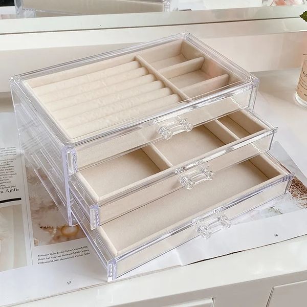 Schmuckschatullen, dreilagig, beige Acryl-Organizer, Samt-Schmuck-Aufbewahrungsbox, Ohrring-Ring-Halskette, großer Platz, Schmucketui-Halter für Damen, 230515