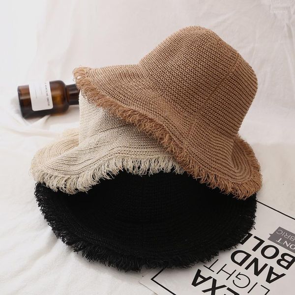 Chapéus largos da borda Summer Mulheres Panamá menina grande floppy praia anti-UV Sun Dome Solid Weave Visor Straw Cap Female Bucket Hat Feminino