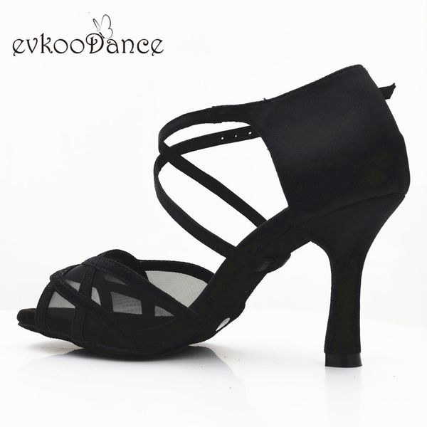 Sapatos de dança Evkoodance 8,3 cm de altura do calcanhar confortável cetim preto com malha zapatos de baile sapatos latinos para mulheres evkoo-526 230516