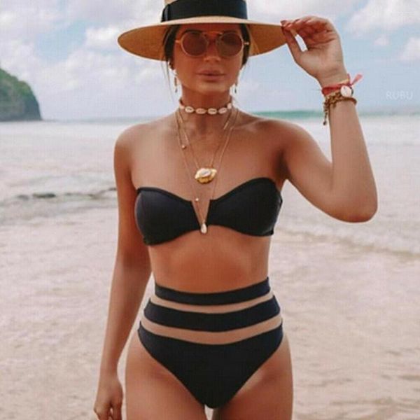 Kadın Mayo Kadın Seksi Yüksek Bel İki Parçalı Bikini Seti Straplez Push Yukarı Yastıklı Mayo Örgü Yama Bankası Takım Plaj kıyafeti
