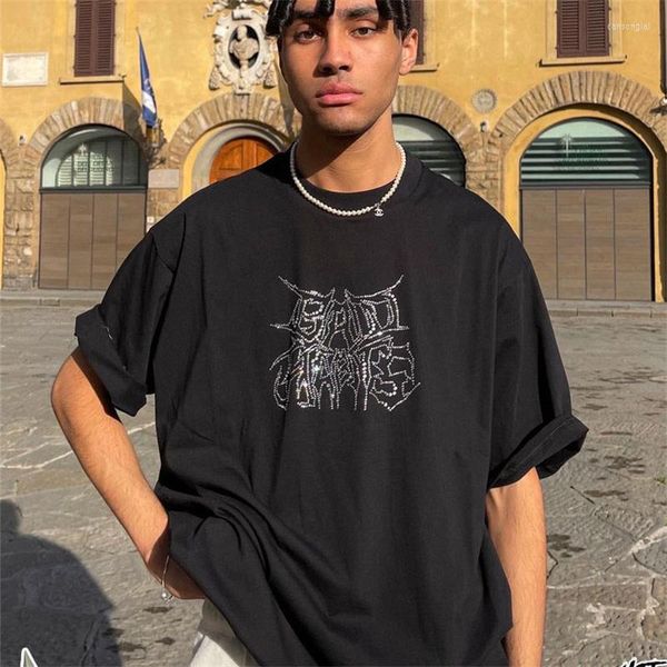 Erkek Tişörtleri Yaz Y2K Retro Yüksek Sokak Mektubu Baskı Elmas Kısa Kollu Gotik T-Shirt Erkek ve Kadın Giyim Büyük Boy