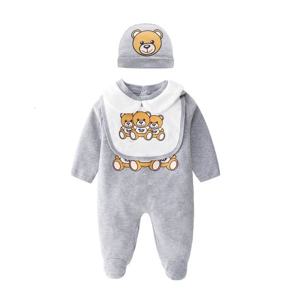 Strampler, Frühlingsmode, Kleidung für geborenes Baby, langärmelig, Baumwolle, Unisex, Cartoon, kleiner Bär, geborenes Baby, Junge, Mädchen, Strampler und Mütze, Lätzchen-Set 230516