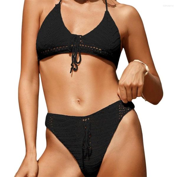 Menas de banho feminina foohoosttore feminino malha de malha de crochê biquínis conjunto de biquíni e calcinha de bandagem calcinha 2pcs maiô