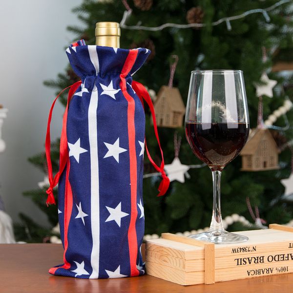 Tampa de garrafa de vinho para 4 de julho, drawtring wine garrafra capa de bolsa de presente para decoração de mesa de jantar de festa patriótica
