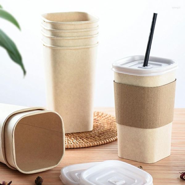 Akşam yemeği setleri kağıt fincan tek kullanımlık kare meyve suyu kahve kupası kapaklı sofra ile kalınlaştırılmış içecek paketleme konteyner aracı bozulabilir malzeme