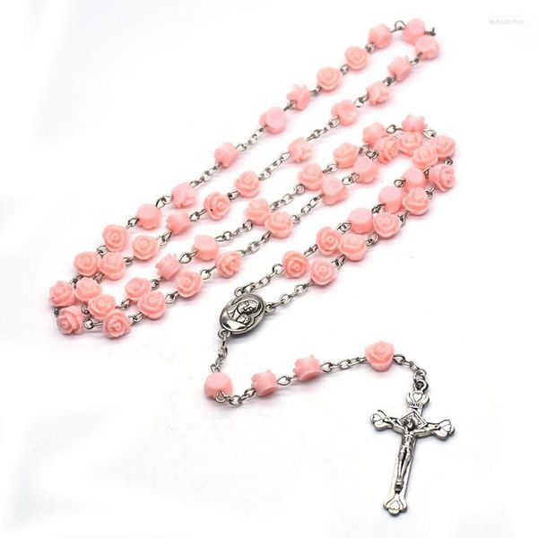 Collane con ciondolo Perline di preghiera per matrimonio Collana con rosario rosa in resina Lunga Maria Croce Gioielli religiosi Rosso Rosa Blu