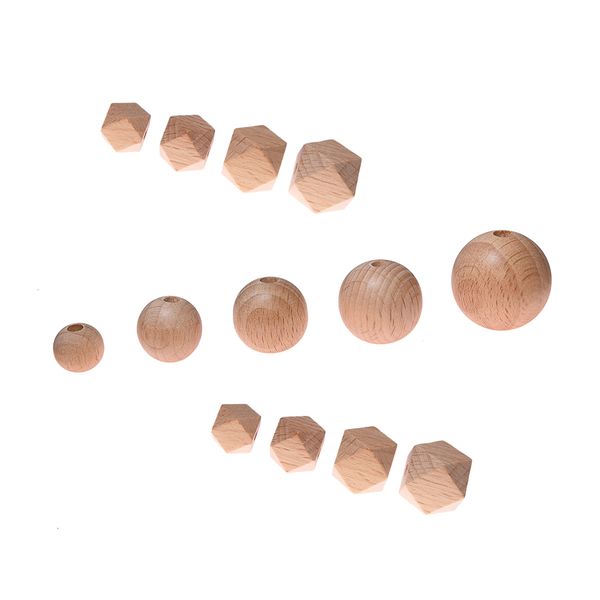 Baby Massaggiagengive Giocattoli 100pcs Multi Size Round Hexagon Legno di faggio Baby Dentizione Perline Masticabili Baby Massaggiagengive Ciuccio Braccialetto Collana Creazione di gioielli 230516