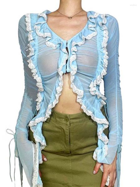 Serbatoi da donna Lchiji Women Sexy Sheer Bell Manica lunga Cravatta Top Aperto davanti Self Hollow Out Ruffle Nappa Maglia Crop Cardigan Andando