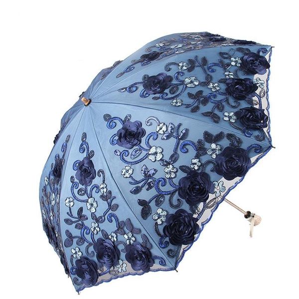 Guarda-chuvas Bordado de renda de renda 2023 estilo duas dobras pretas preto anti-uv parasol mulheres ao ar livre chuvoso e ensolarado
