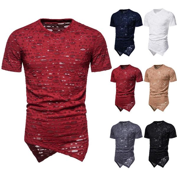 Camisetas masculinas roupas masculinas tee casual homens buracos longline moda de manga curta