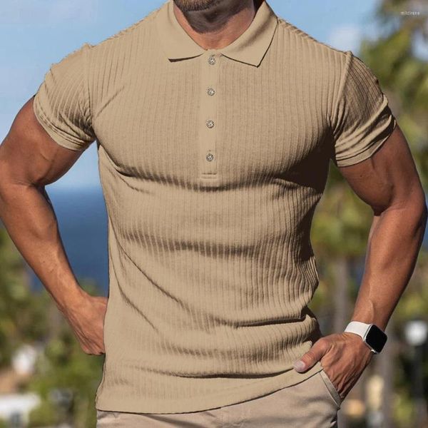 Herren-T-Shirts, Sommer-Herren-Sport-Poloshirt mit hohem elastischen, vertikalen Streifen und kurzen Ärmeln, schmales, gestricktes Poloshirt