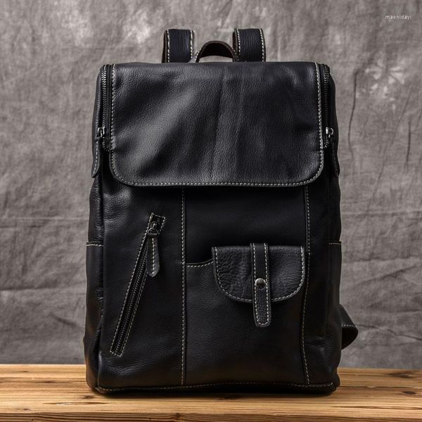 Backpack Genuine Leather Soft Pockets Men de alta qualidade Viagens Mochilas Man Sacos de ombro vintage Casual School Rucksack