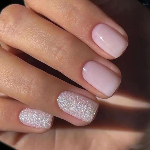 False unhas 24pcs removíveis francês brilho dicas de unhas brancas artificial capa de balé com cola rosa prensa no acrílico