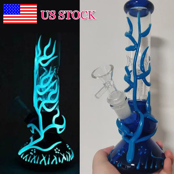 25CM 10 Inch Heady Bong Premium Mavi Damar Koyu Pembe Renkte Glow Nargile Nargile Cam Bongs, 14mm Downstem ve Kase Kullanıma Hazır ABD Deposu