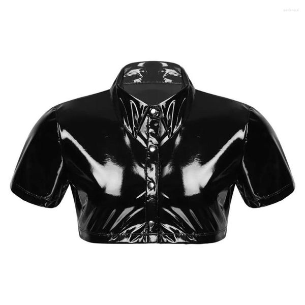 T-shirt da uomo Top corto da uomo Camicetta in PVC effetto bagnato Camicetta in finta pelle verniciata Cappotto in PU Slim