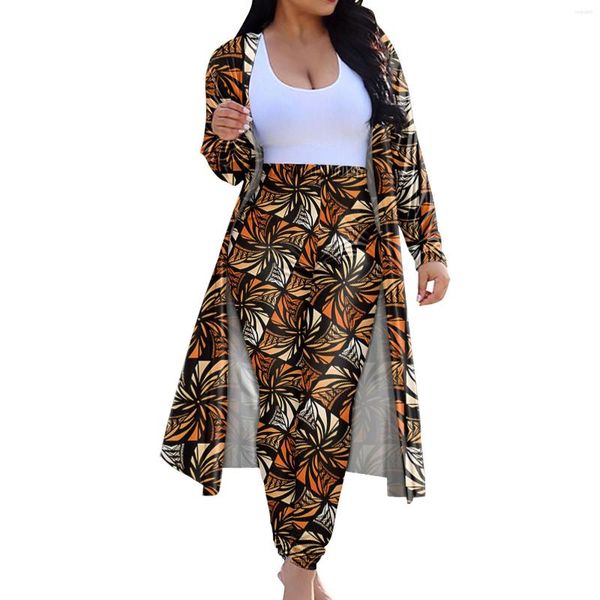 Женские штаны с двумя частями Hycool Fashion Fashion Fashion 2pcs Pant Set Women Samoa Polynesian Print Соответствующий наряды с длинным рукавом кардиган высокий