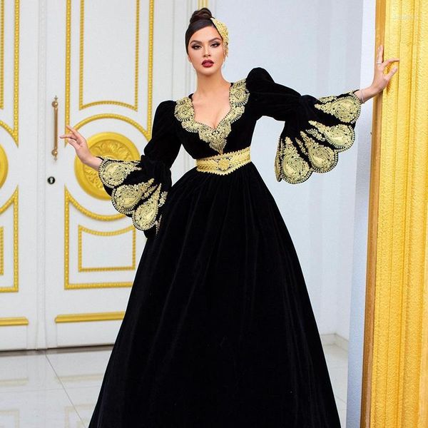 Вечеринка платья Thinyfull Black Moroccan Caftan Evening A-Line Dubai Saudi Arabic Abaya Gold Emelcodery Bell Elice Plants Исламский выпускной