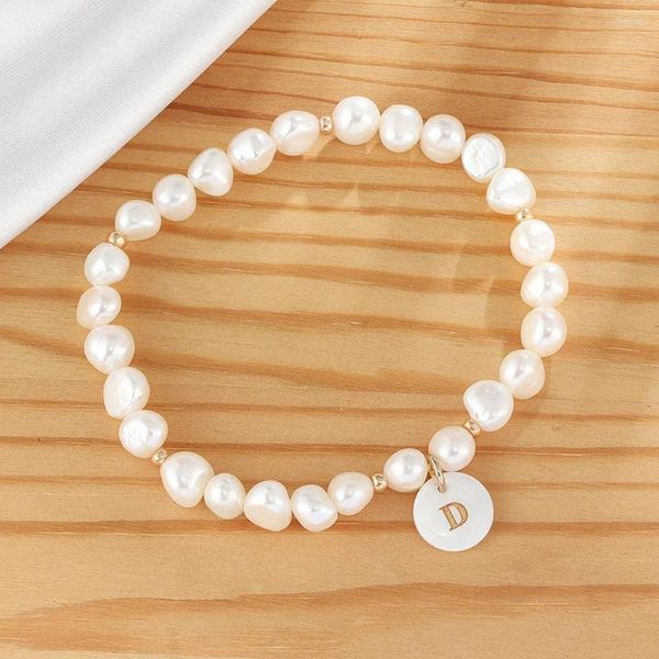 Braccialetti di perline di perle d'acqua dolce naturali con ciondolo iniziale per gioielli da donna, coppia, nome, lettera, braccialetto fatto a mano