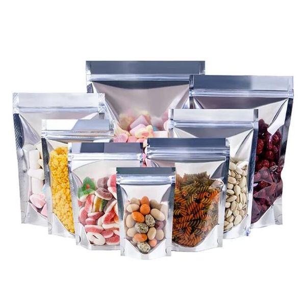 Sacos plásticos transparentes prateados para armazenamento de alimentos Sacos de Mylar transparentes lacráveis e reutilizáveis Bolsas grandes à prova de cheiro para pequenas empresas