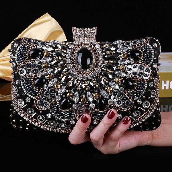 Borse da sera Pochette da giorno da donna con perline Borsa da ricamo con strass a catena da sposa con diamanti di colore nero 230427