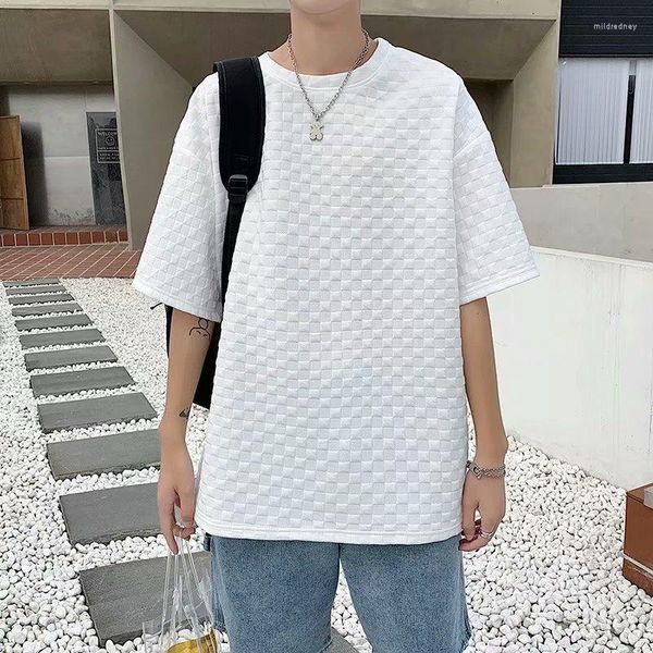 T-shirt da uomo Stile minimalista T-shirt da uomo allentata Moda Waffle Maschile Bianco Top Manica corta Unisex Casual Uomo coreano Abbigliamento Streetwear