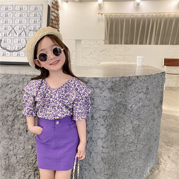 Completi di abbigliamento Vestiti per bambini estivi Fiore moda coreana Colletto foglia di loto Camicia gonna Bambine Abbigliamento Set Abiti per bambini viola 230516