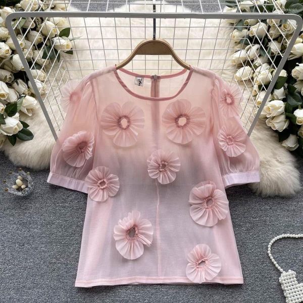 Frauen Blusen Sommer Camisas Mujer Dreidimensionale Blume Chiffon Hemd frauen Puff Kurzarm Oansatz Lose Schwarz Weiß Tops