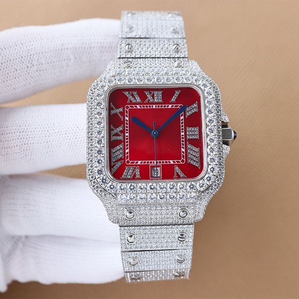 Diamante relógio masculino vermelho relógio totalmente automático relógios mecânicos design safira fecho dobrável pulseira de aço inoxidável à prova dwaterproof água 8215 movimento