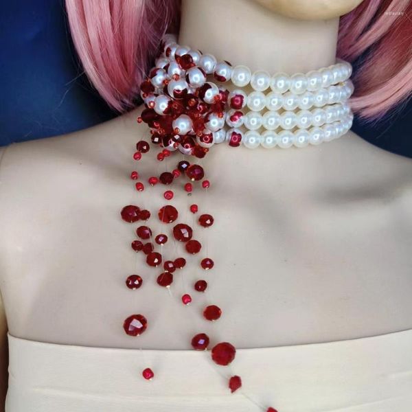 Anhänger Halsketten Frauen Halskette Faux Kristall Horror Tropfendes Blut Kostüm Zubehör Imitation Perlen Halloween Party Halsband Für Bankett