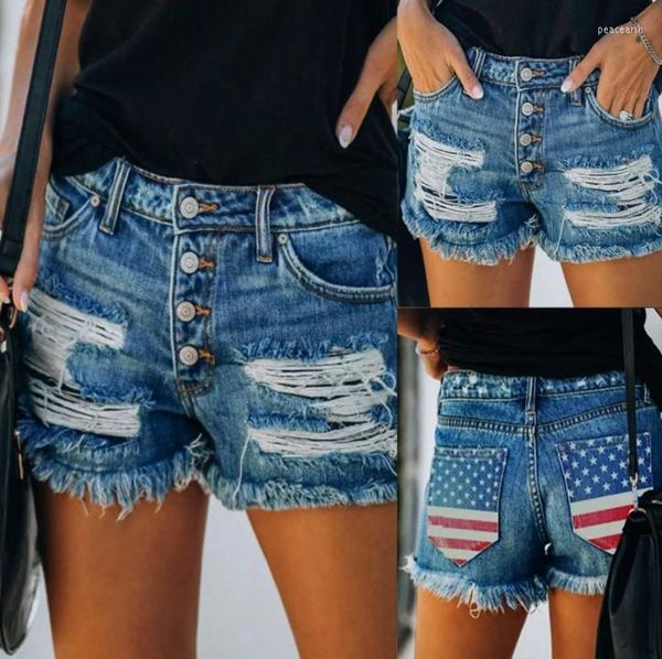 Jeans de jeans femininos shorts mulheres com cintura alta impressão de bandeira esticada de quatro botões de bolso jean para vaqueros de tamanho grande