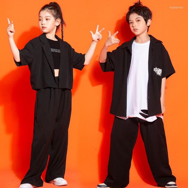 Stage Wear Kids Hip Hop Costume Girls Jazz Dance Tops Pants Black Set Rua Logo Street para meninos Mostrar roupa DQS9482