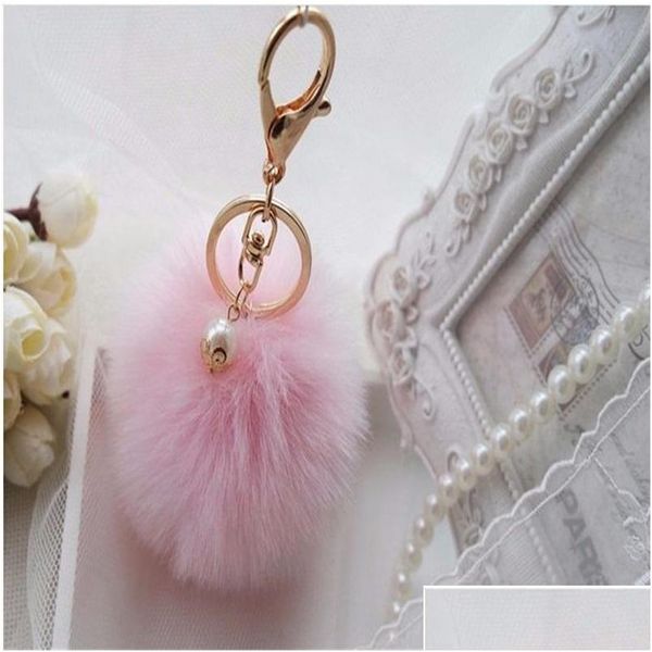 Portachiavi Fluffy Rabbit Chain Fur Ball Pompon Keychain per le donne Cute Pom Pearl On Bag Car Trinket Gioielli femminili Regalo per feste Otmdr