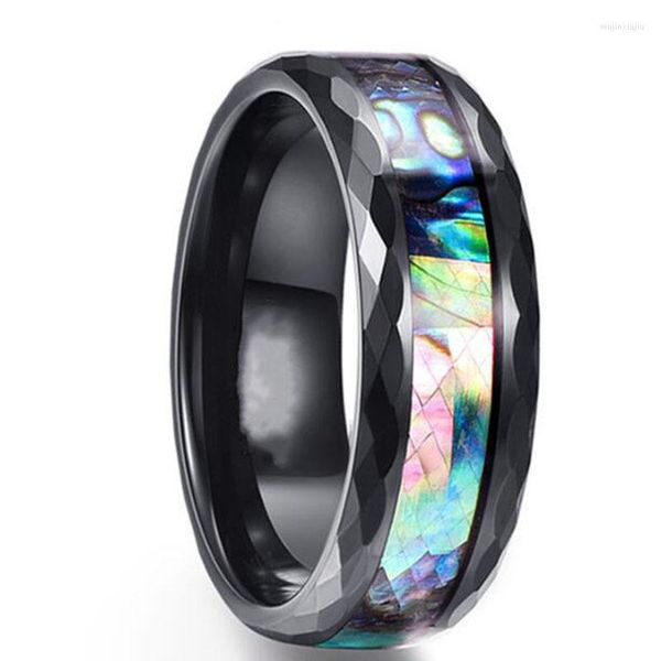 Fedi nuziali 8mm Rhombus Cut Side Anello in acciaio al titanio Placcatura Black Men Intarsiato Abalone Shell Gioielli moda regalo YLQ10082