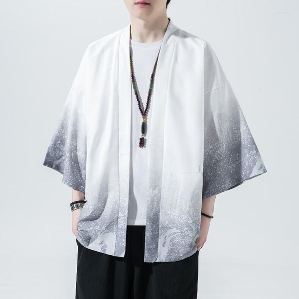 Camisas casuais masculinas Hanfu Men Ice Silk Cardigan Shirt estilo chinês Artigo aberto Outwear Man Robe Trench Sun Protection Tops